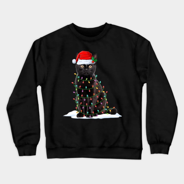 Black Cat Christmas Lights Funny Cat Xmas Lover Crewneck Sweatshirt by Magazine